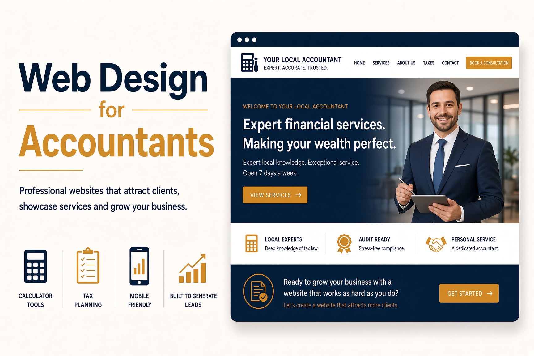 Example accountant website design with services, tax planning and a book-a-consultation call to action
