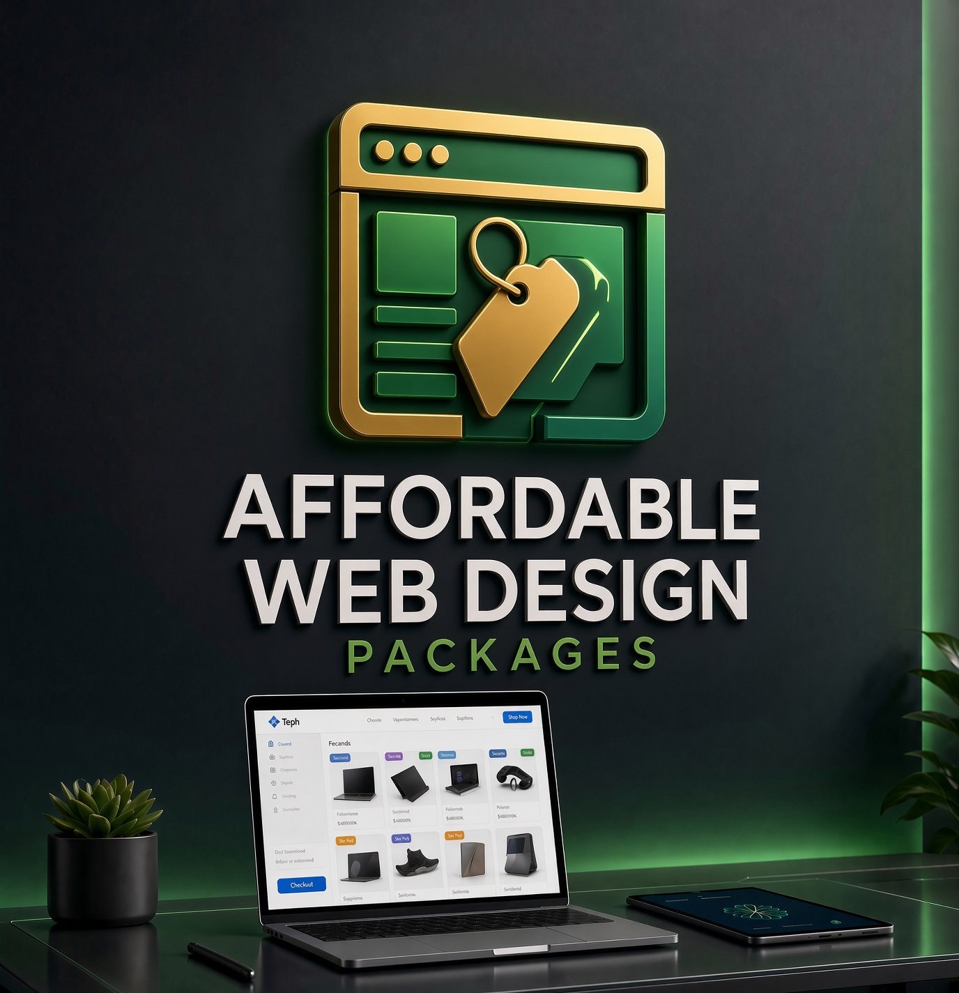 Affordable web design packages — browser window with price tag logo above a laptop showing an online shop