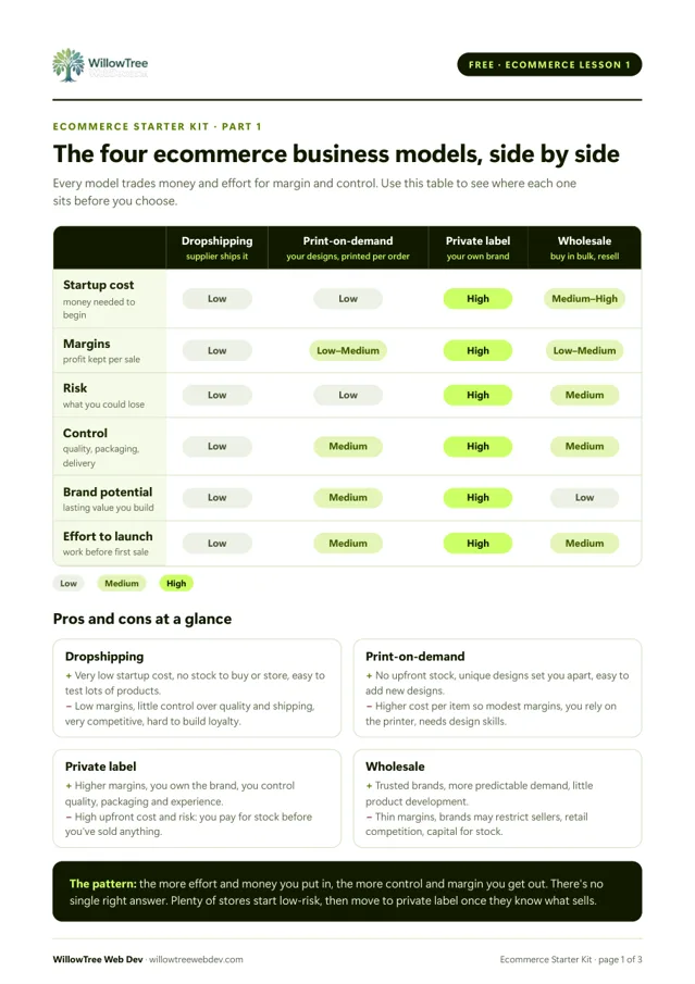 First page of the Ecommerce Starter Kit: a table comparing four ecommerce business models