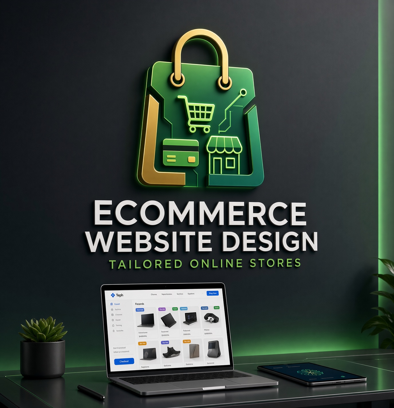 Ecommerce website design — shopping bag logo with cart and card above a laptop showing an online store
