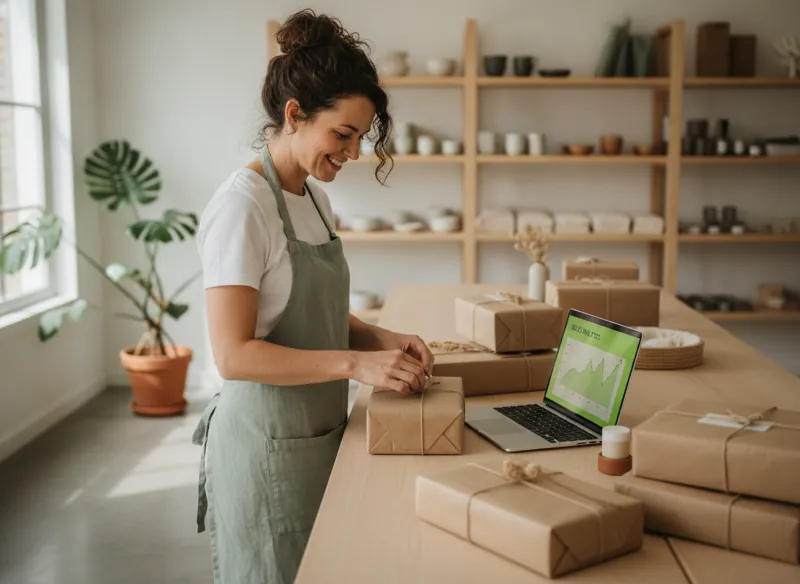 A shop owner packing orders beside a laptop showing rising sales