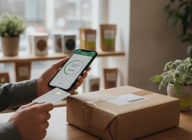 A customer paying for an online order by card on a phone, with a parcel ready to ship
