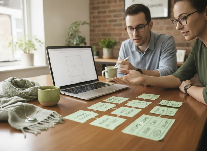A business owner and web designer mapping out an online shop with sticky notes
