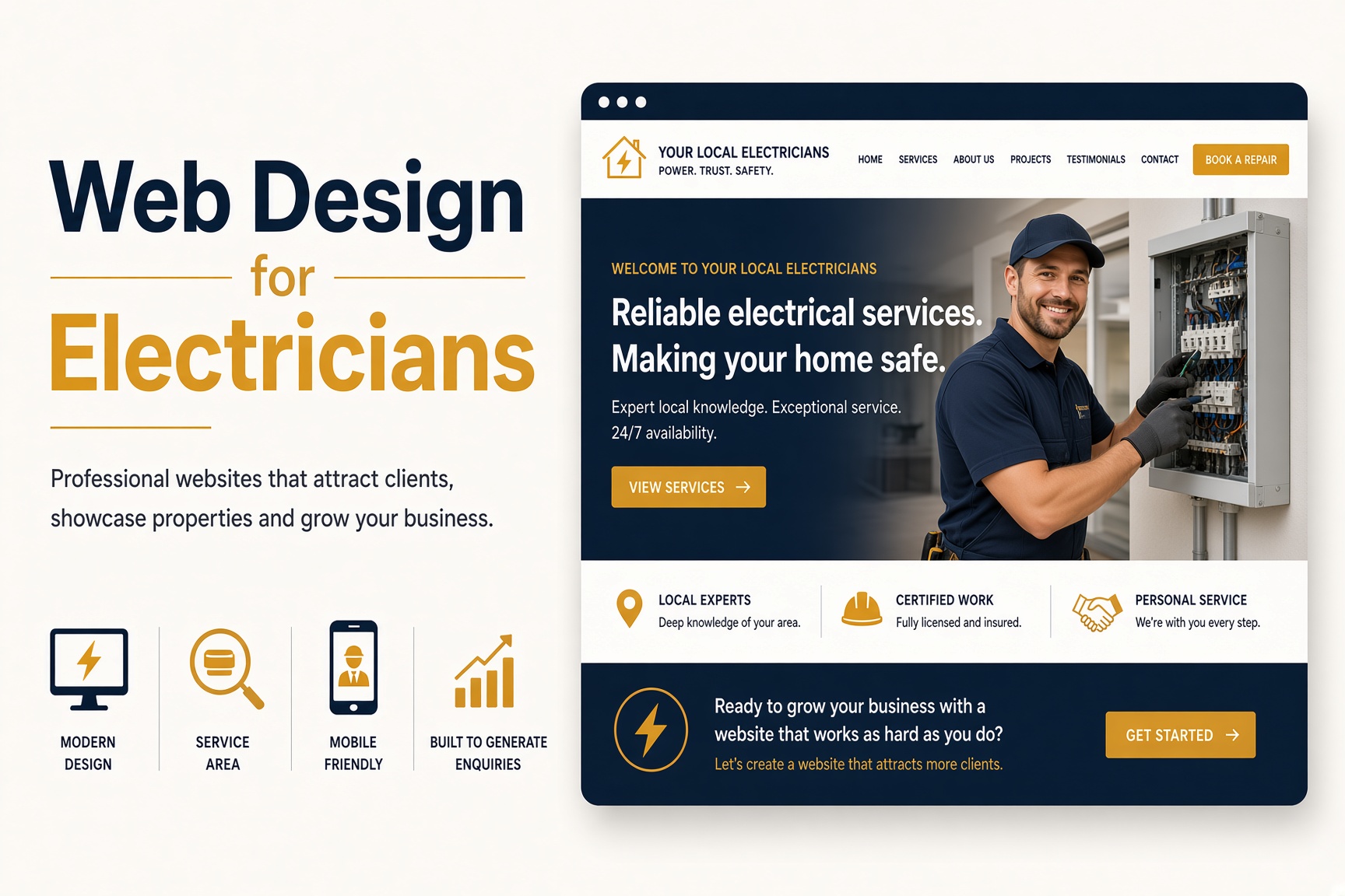 Example electrician website design with services, certifications and a book-a-repair call to action