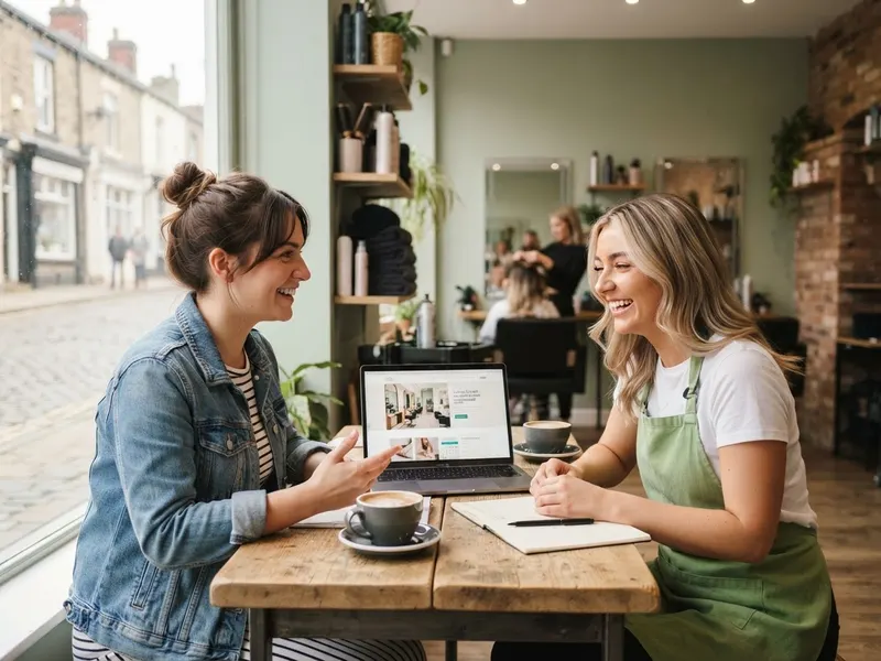 A Bolton web designer chatting with a hairdresser about her new salon website