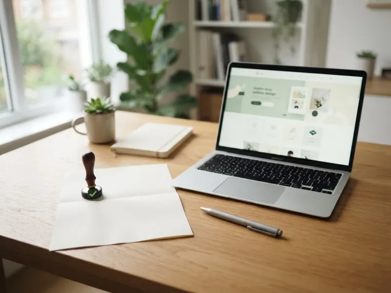 An approval stamp beside a signed-off website agreement and a laptop showing a clean website design