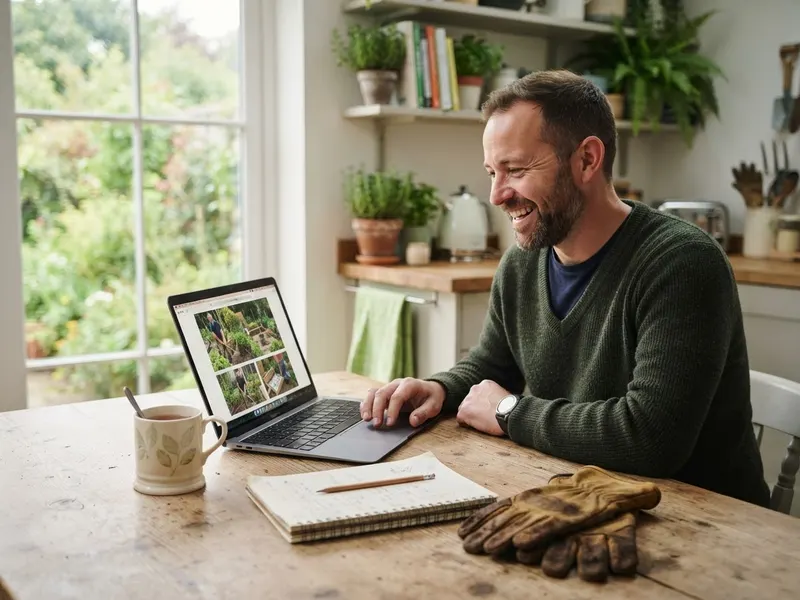 A self-employed gardener looking at his new affordable website on a laptop at home
