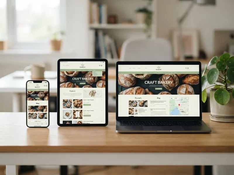 A phone, tablet and laptop showing small business websites of increasing size