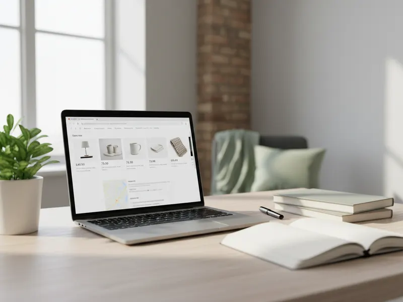 A laptop showing product listings with photos and prices at the top of search results