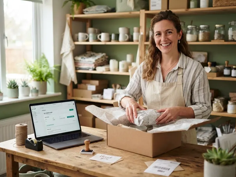 An online shop owner packing an order beside a laptop showing her ecommerce store
