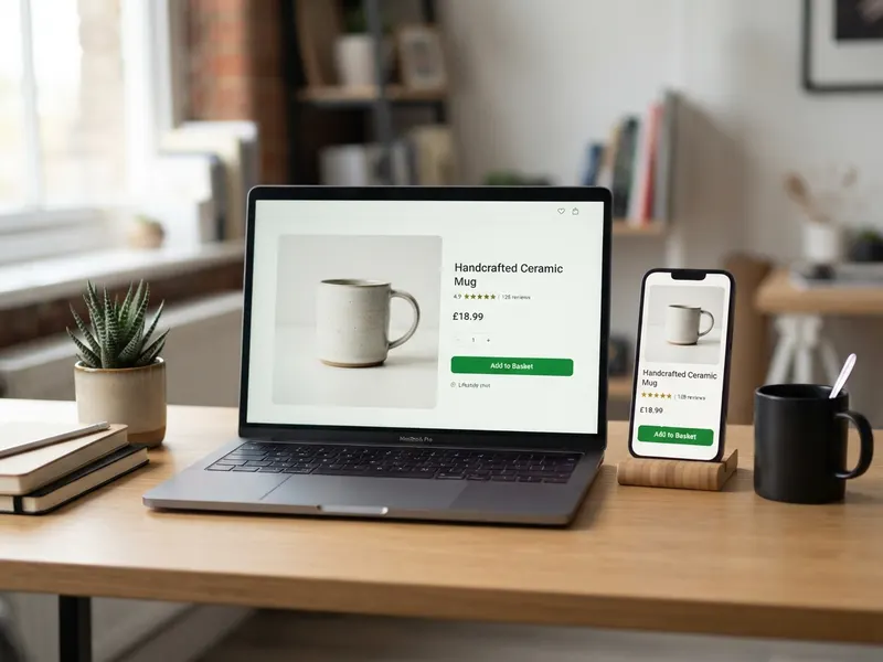 A laptop and phone showing an ecommerce store product page with photos, reviews and an add-to-basket button