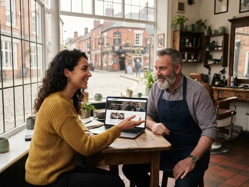 A Bolton web designer showing a barber his new website on a laptop in his barbershop