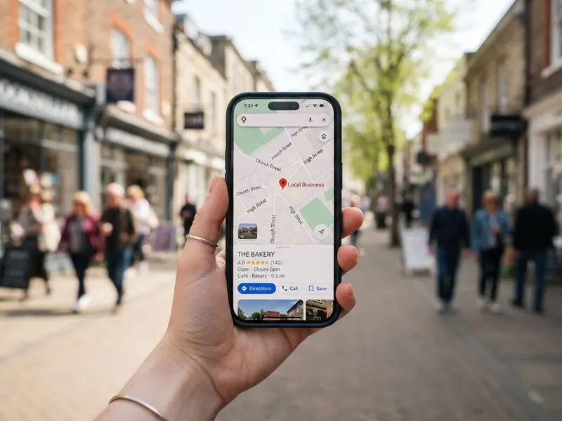 A smartphone showing a local business on Google Maps with five-star reviews