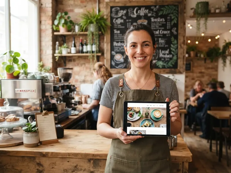 An independent café owner holding a tablet showing her new small business website