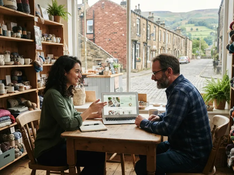 A local web designer showing a shop owner their new website on a laptop inside a shop on a red-brick terraced street