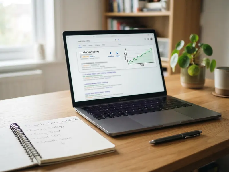 A laptop showing a local business at the top of Google search results beside a rising rankings chart