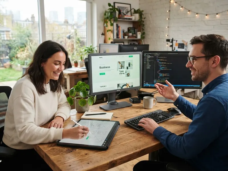 A web designer and web developer collaborating on a new business website in a Bolton studio