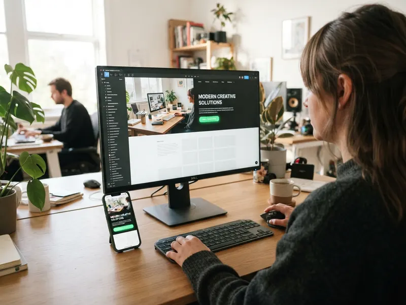 A web designer arranging a modern website layout on a monitor with the mobile version shown on a phone beside the keyboard