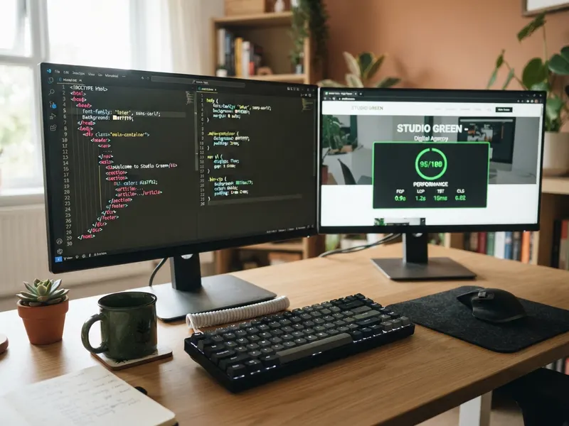 A developer's desk with hand-written HTML and CSS code on one monitor and a fast website with a high performance score on the other