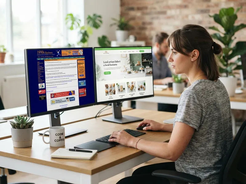 A web designer comparing a dated old website with its modern redesign on two monitors