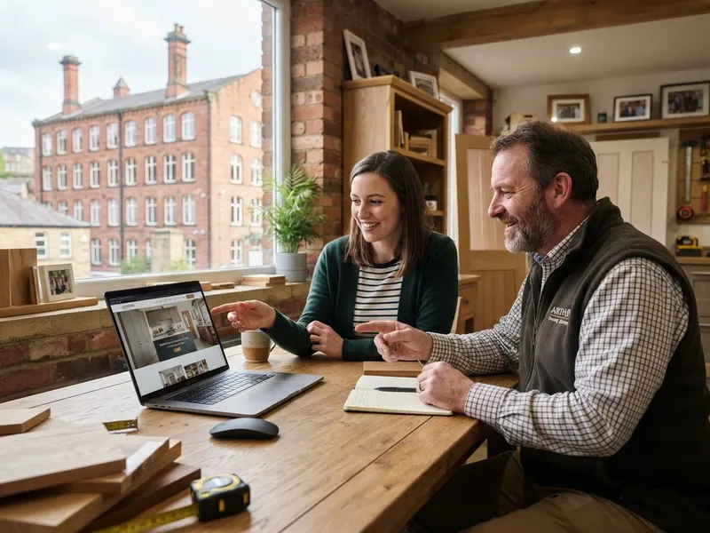 A Bolton web designer reviewing a redesigned website with the owner of a family joinery business