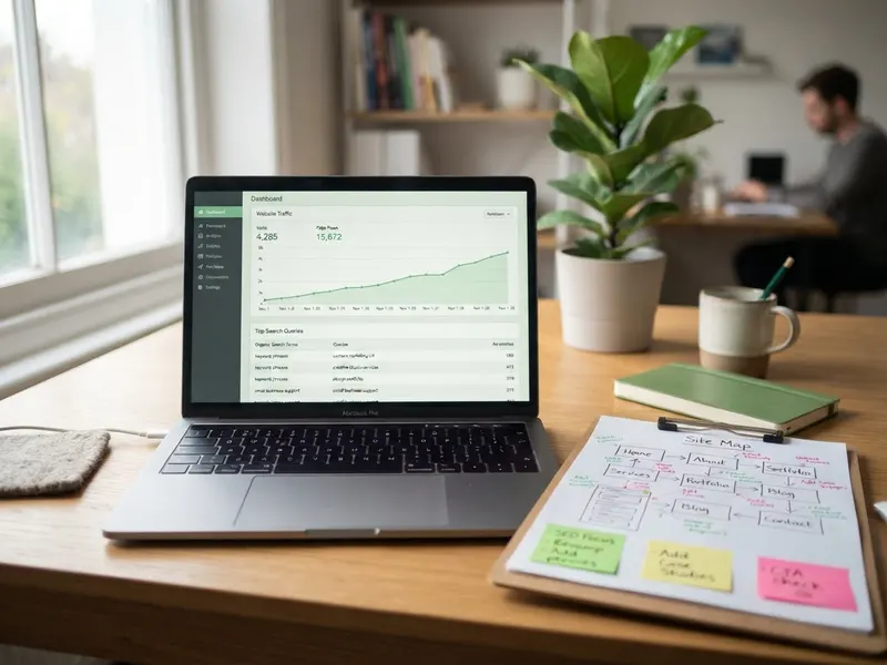 An analytics dashboard showing rising website traffic beside a printed site map