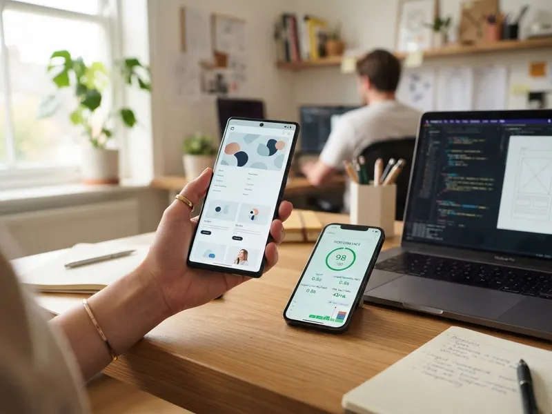 A redesigned business website loading instantly on a smartphone with a high performance score