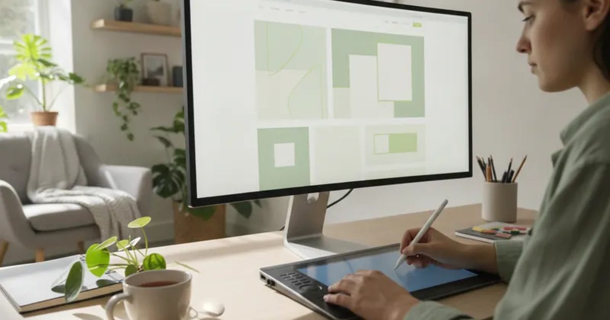 A web designer sketching a modern website layout on a drawing tablet beside a large monitor