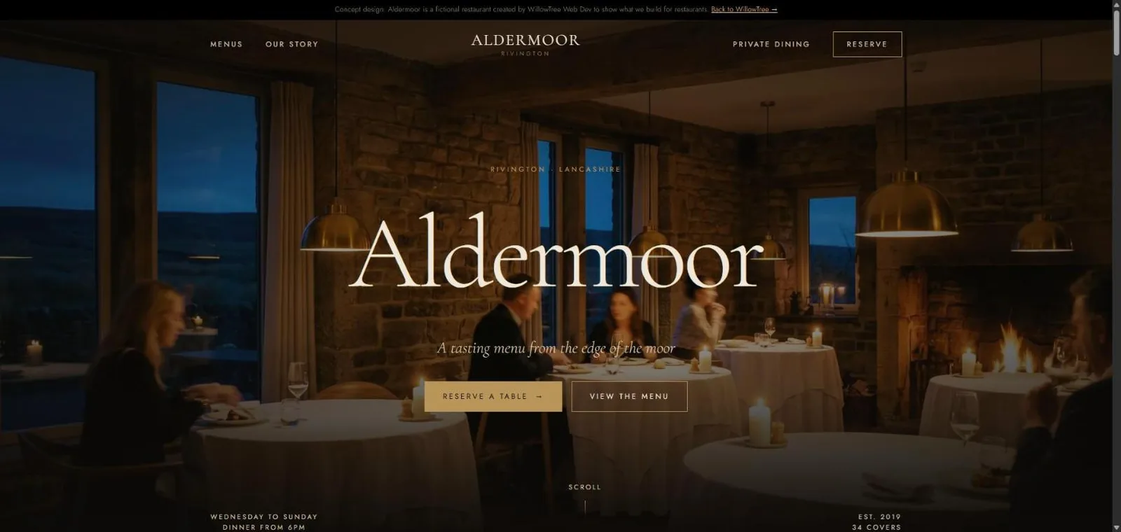 Homepage of the Aldermoor concept restaurant website