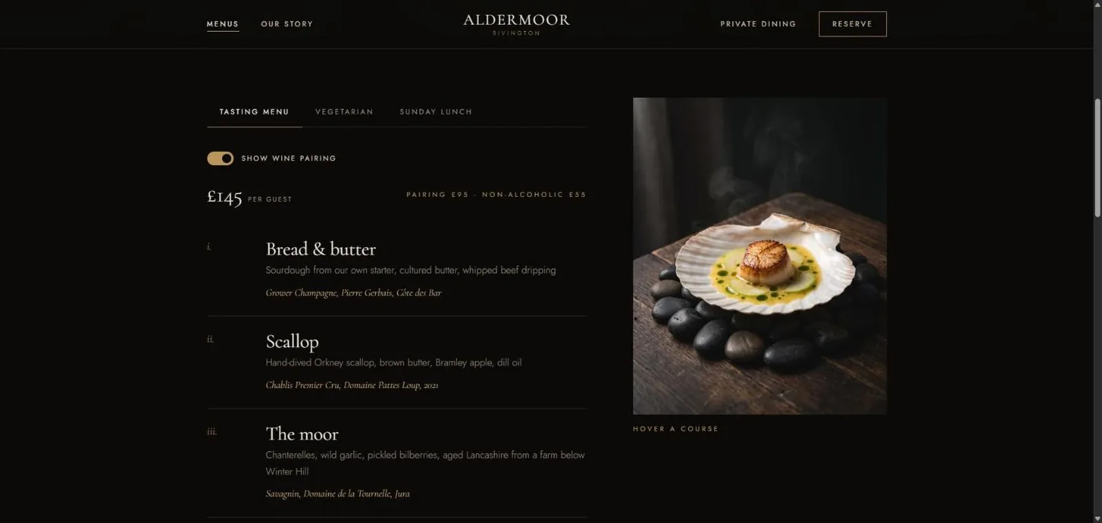 The menu page of the Aldermoor concept restaurant site, with a wine pairing toggle