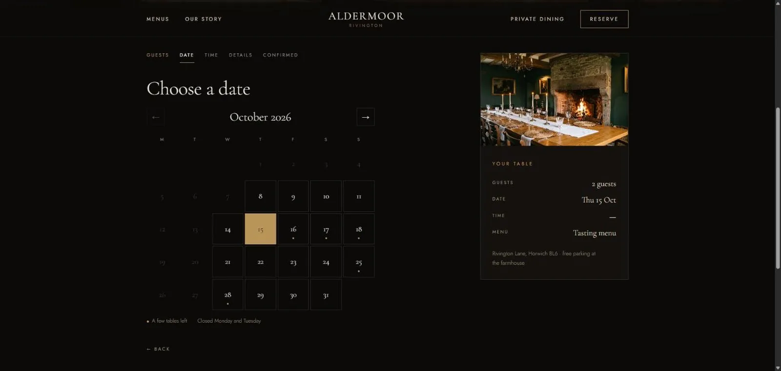 The table booking calendar on the Aldermoor concept restaurant site