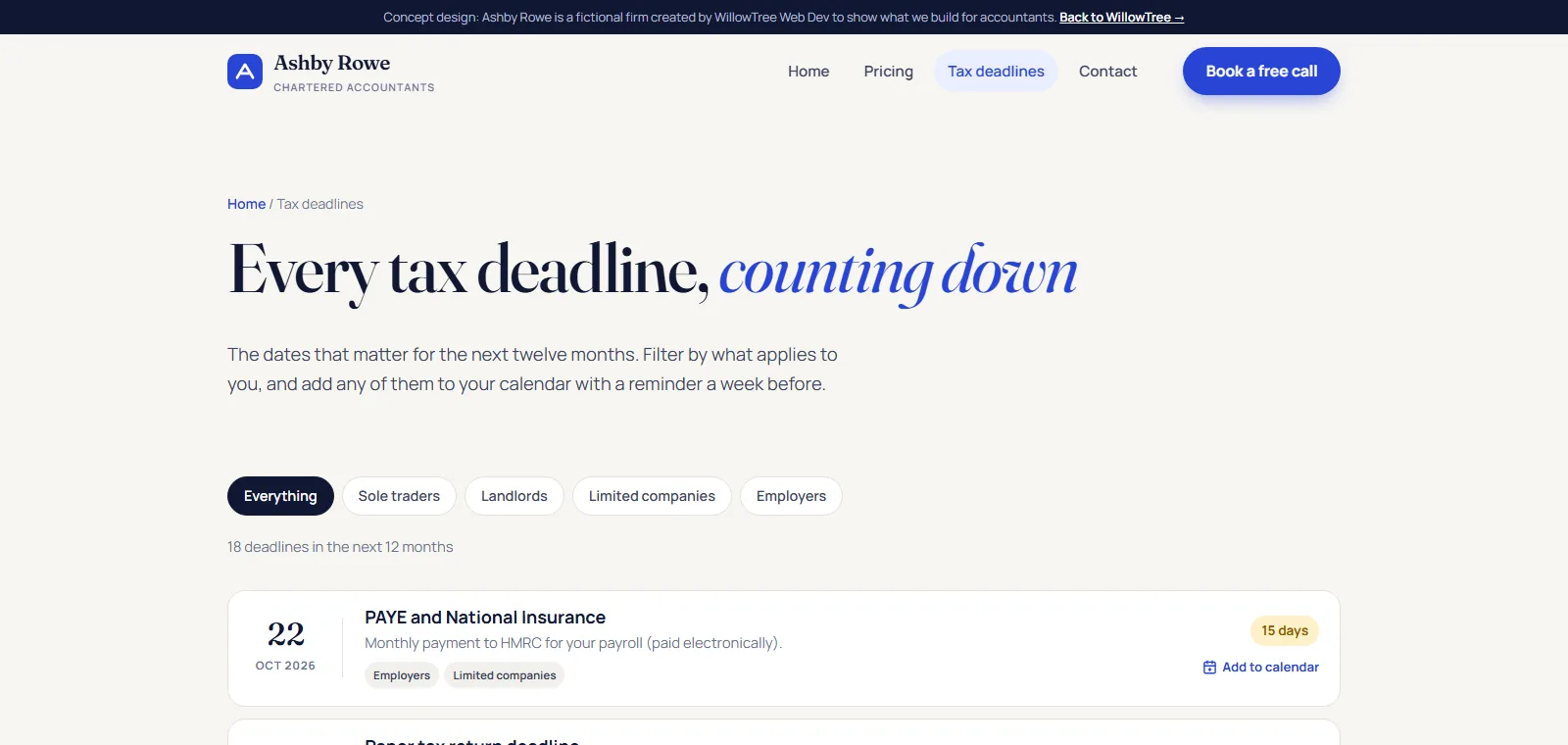 The live tax deadline tracker on the Ashby Rowe concept accountancy site