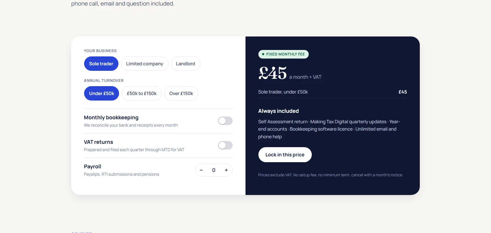 The fee calculator on the Ashby Rowe concept accountancy site