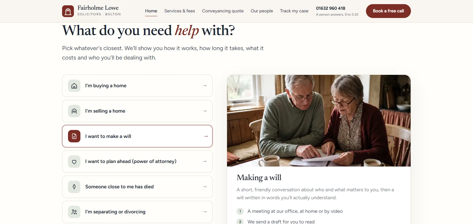 The 'what do you need help with?' guide on the Fairholme Lowe concept law firm site, showing how making a will works