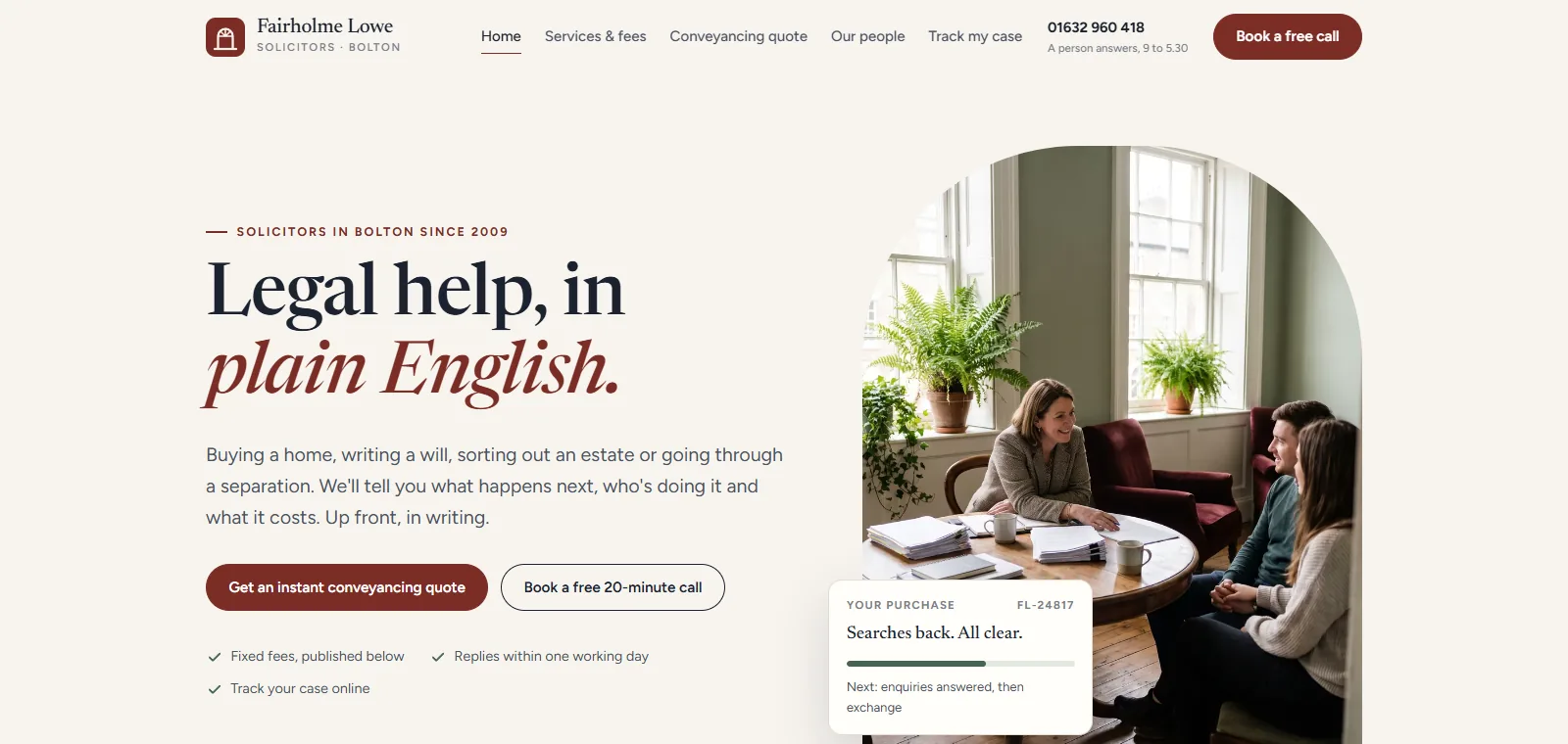 Homepage of the Fairholme Lowe concept law firm website