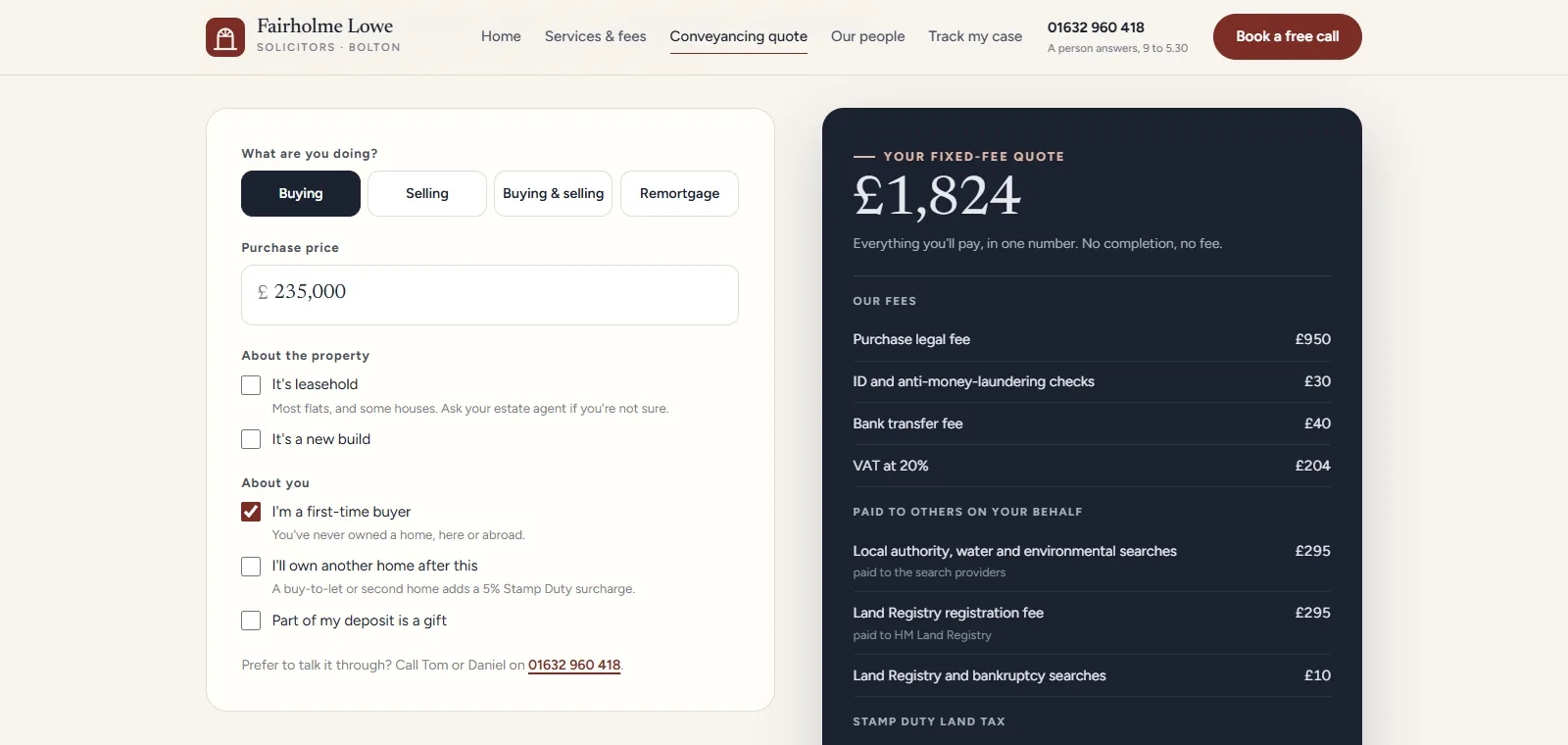 The instant conveyancing quote with Stamp Duty on the Fairholme Lowe concept law firm site