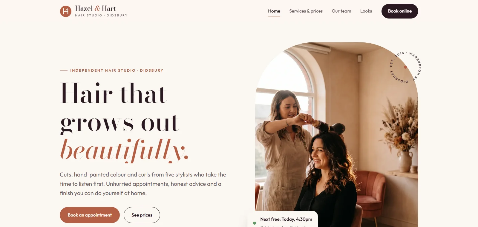 Homepage of the Hazel and Hart concept hair salon website