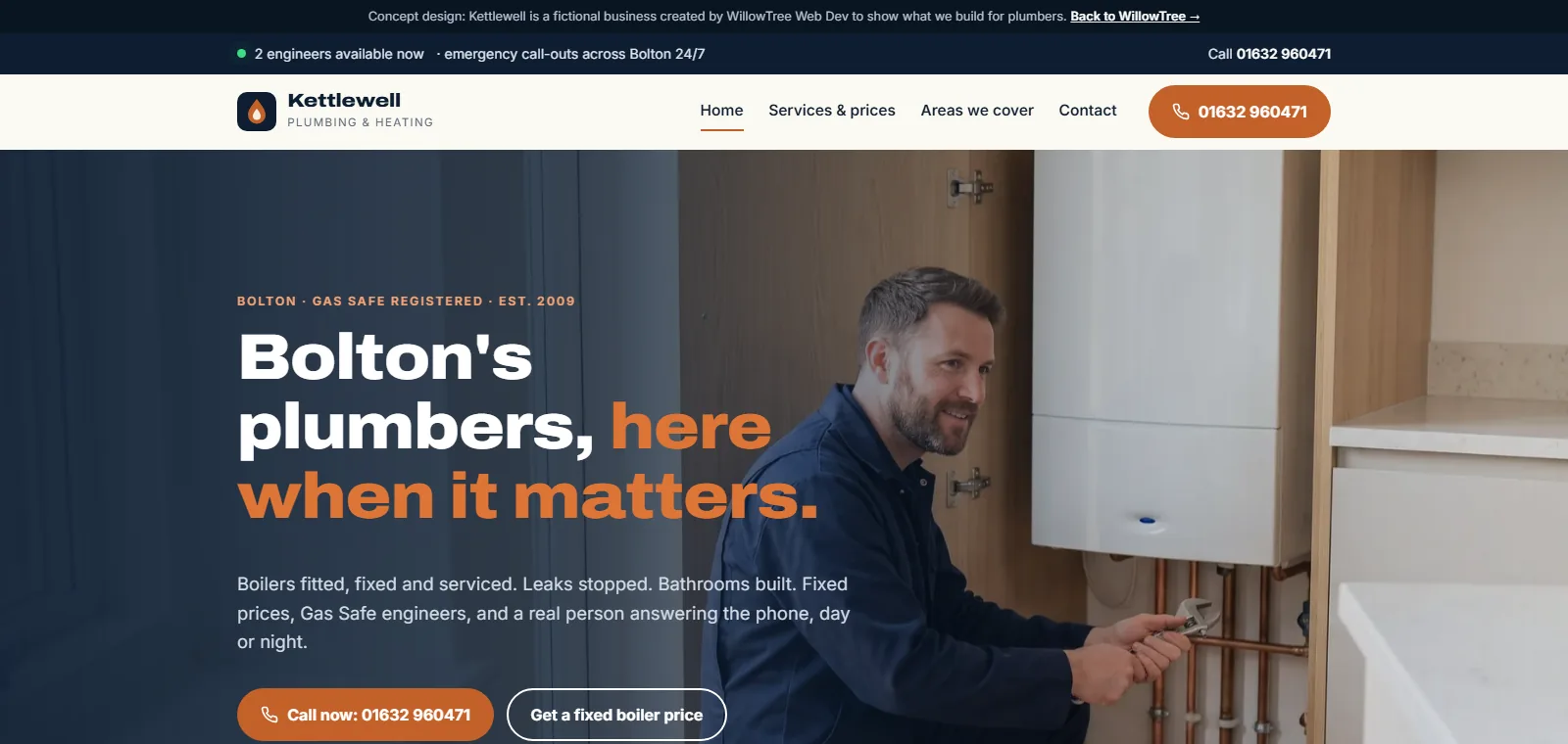 Homepage of the Kettlewell Plumbing & Heating concept website