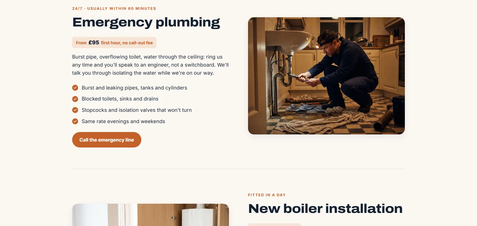 The emergency plumbing section of the Kettlewell Plumbing concept site