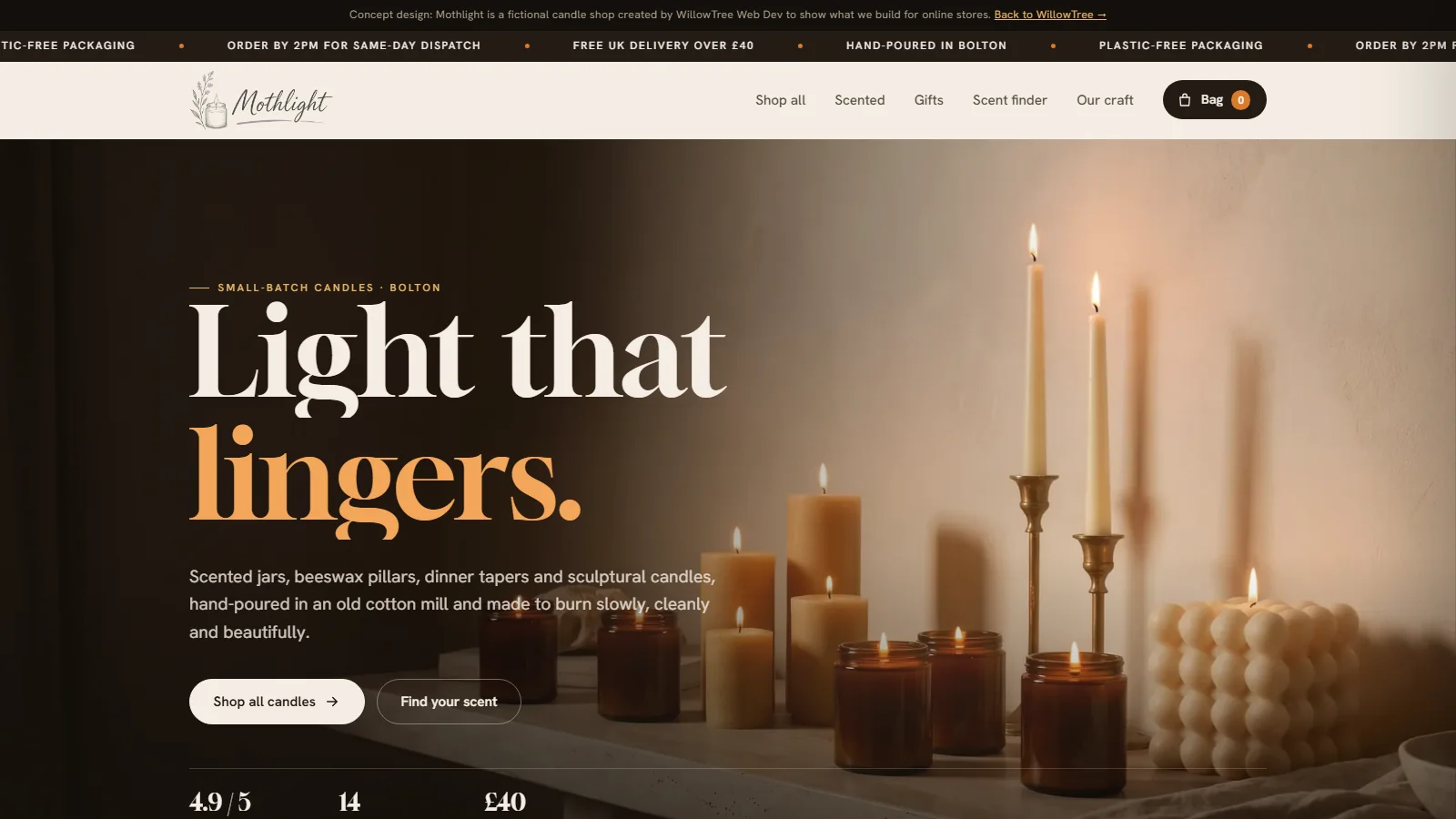 Home page of Mothlight, a demo candle shop built by WillowTree Web Dev
