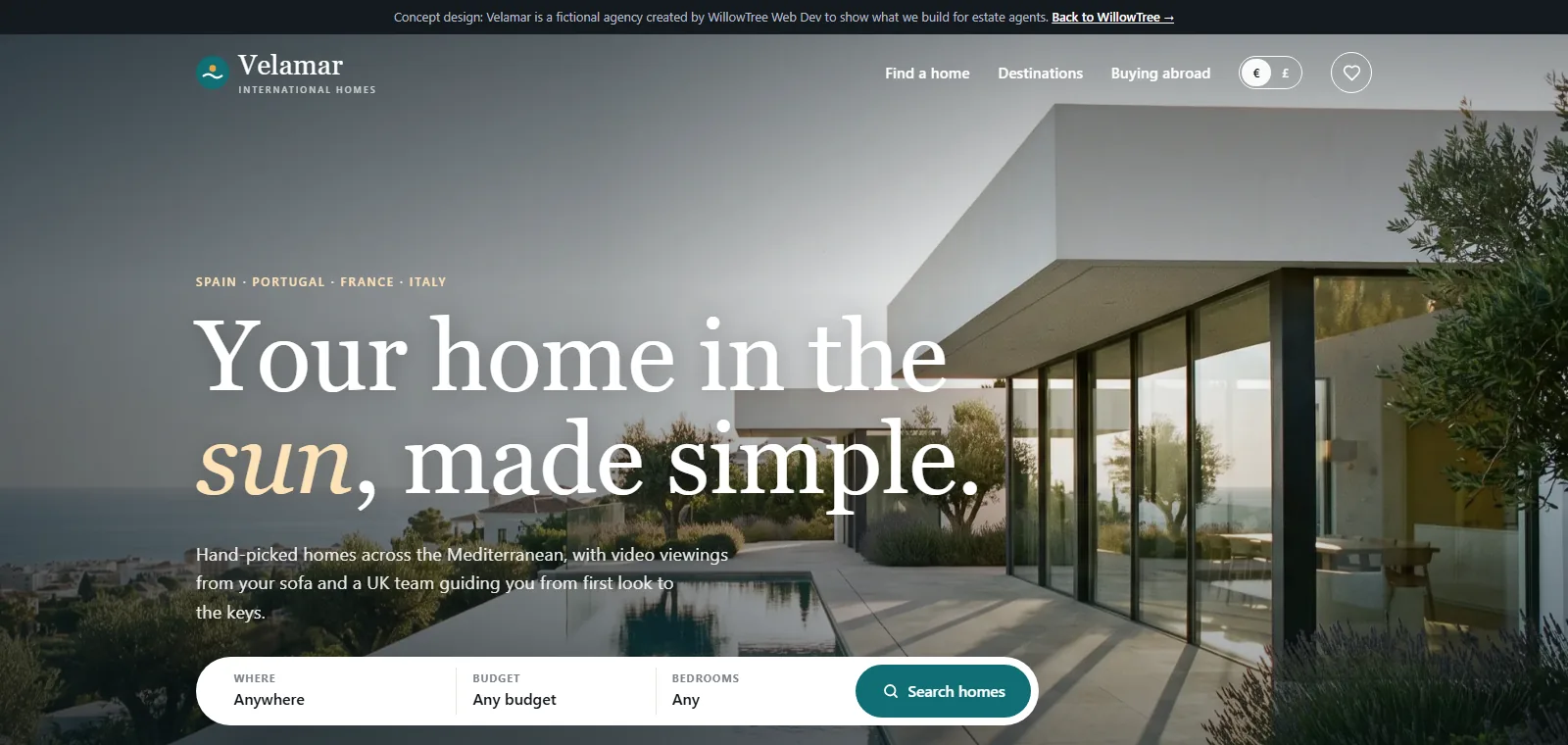Homepage of the Velamar International Homes concept website