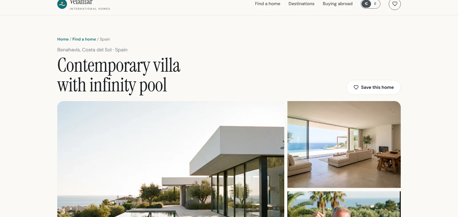 A property page on the Velamar concept estate agent site, with a large photo gallery