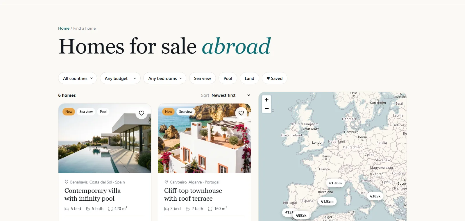 The property search with a map on the Velamar concept estate agent site