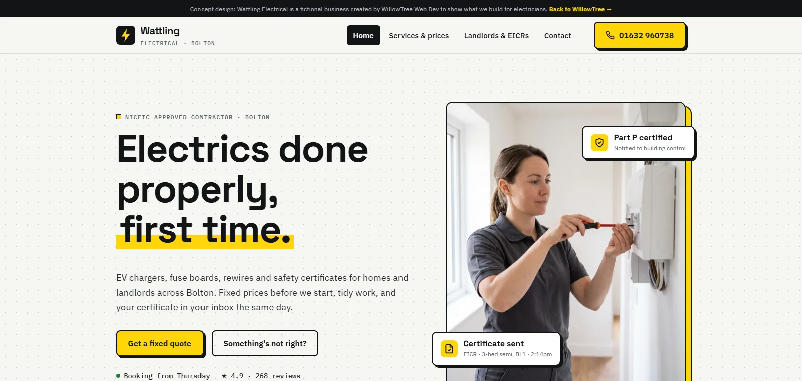 Homepage of the Wattling Electrical concept website