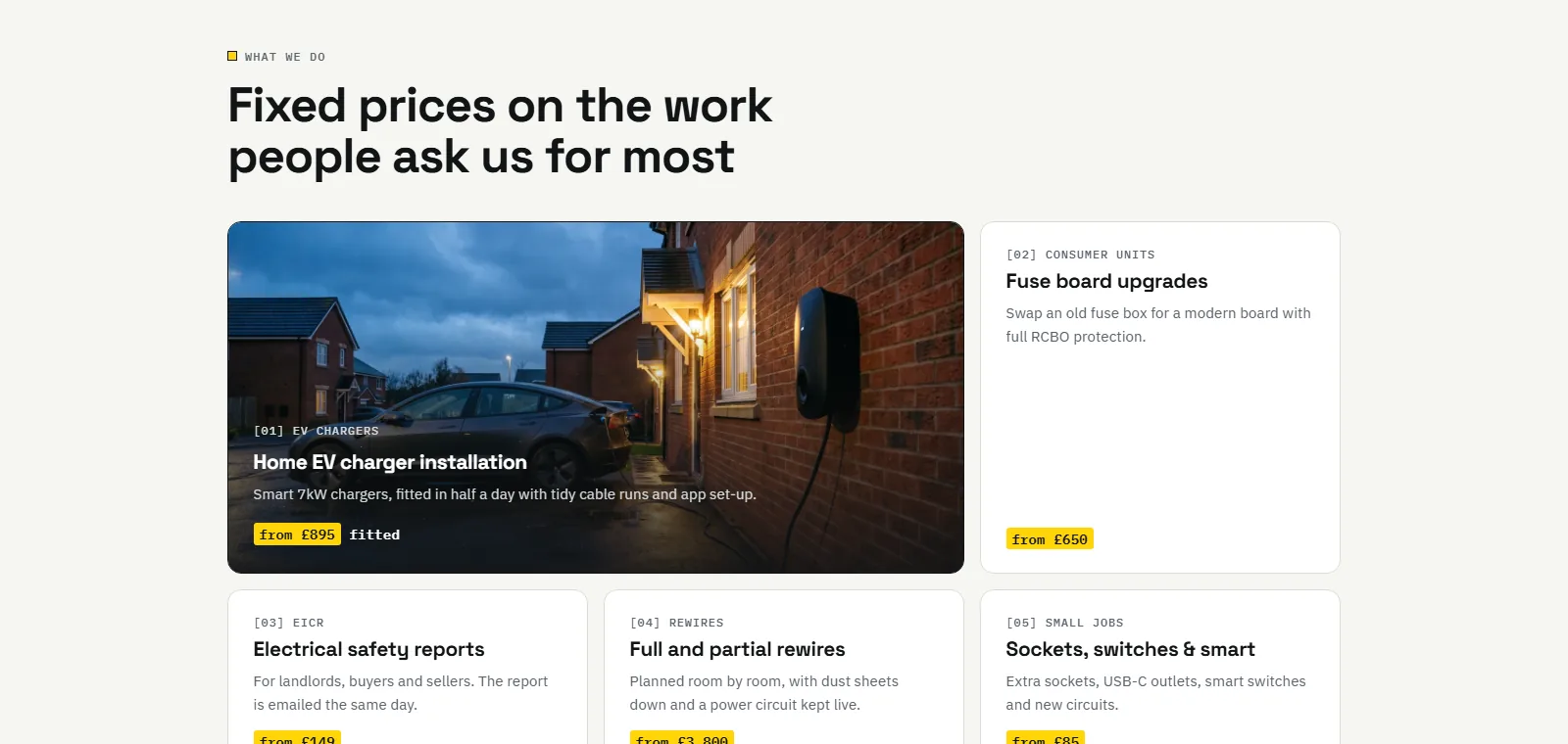 The fixed-price services page on the Wattling Electrical concept site