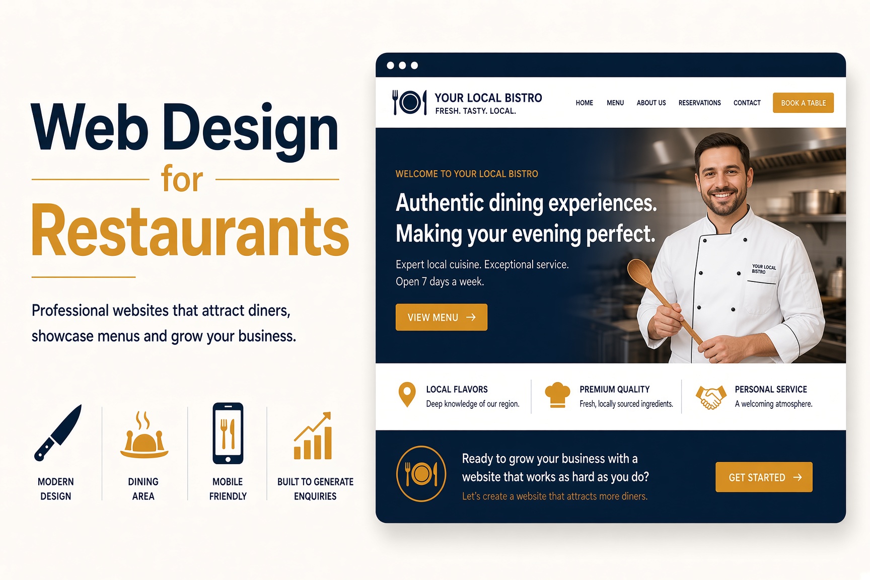 Example restaurant website design with menu, reservations and a book-a-table call to action