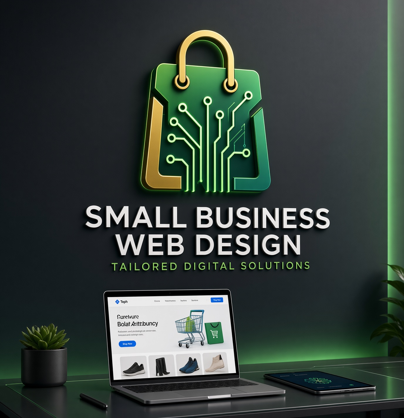Small business web design — shopping bag logo above a laptop showing an online shop