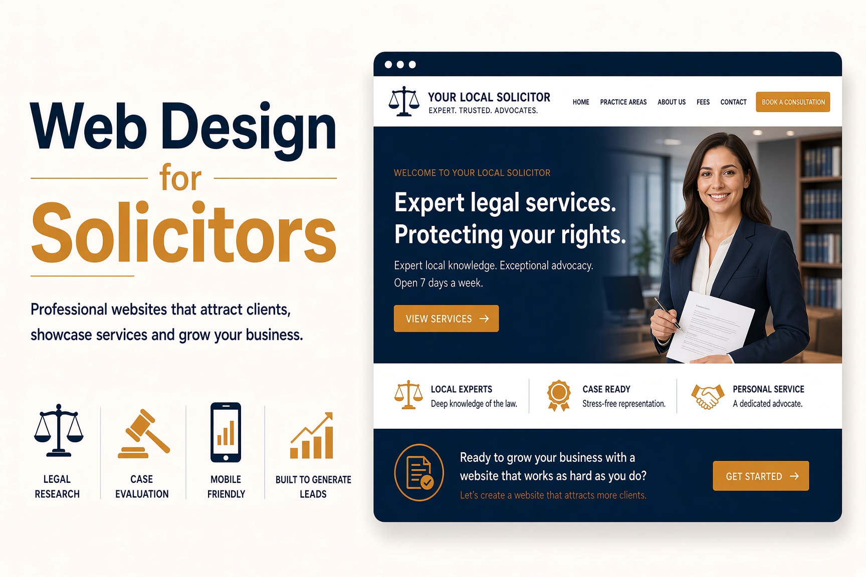 Example solicitor website design with practice areas, fees and a book-a-consultation call to action