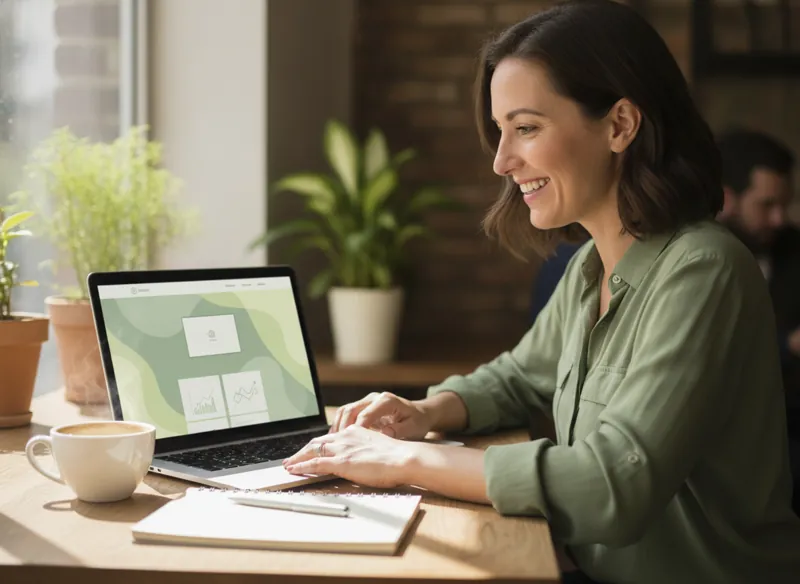 A new small-business owner smiling at a laptop showing a clean single-page website