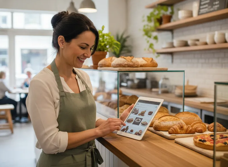 An established local bakery owner behind the counter looking at a tablet showing their multi-page business website with a gallery